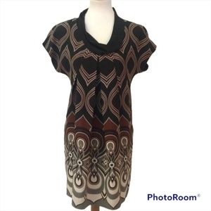 TIBI 100% Silk Black Copper Silver Floppy Scoop Neck Sheath Dress, Size 2